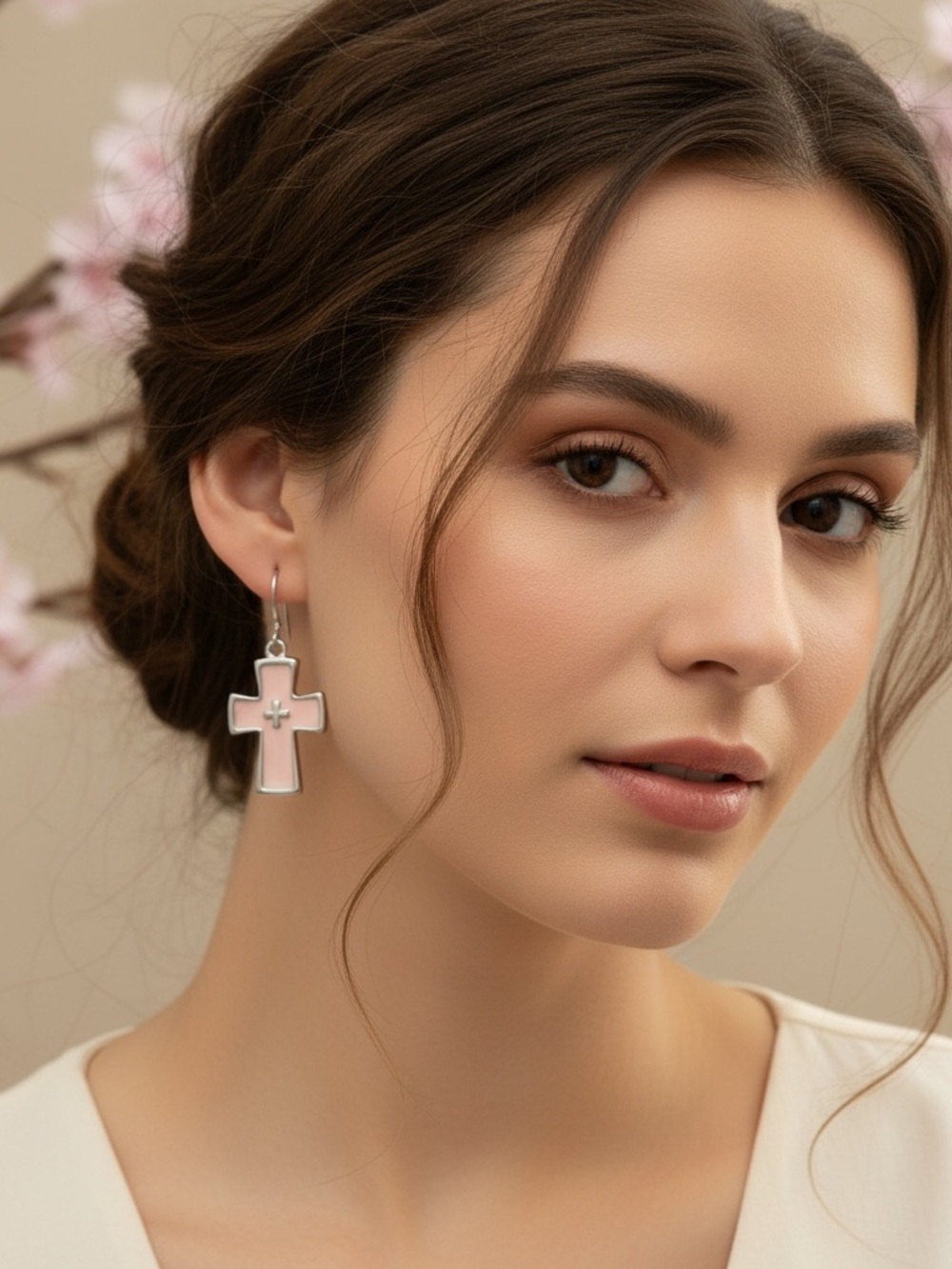 Blush Pink Enamel Cross Dangle Earrings